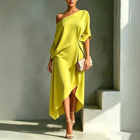 Elegant One Shoulder Asymmetric Midi Dress For Women Minimalist Solid Color Pleated Sleeveless Party Dress