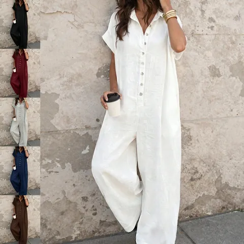Women's Summer Casual Jumpsuit Short Sleeve Shirt Collar Button Down Wide Leg Loose Long Pants One Piece Polyester Outfit