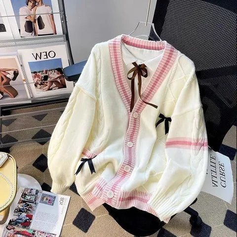 Cárdigan de Punto para Mujer Estilo Coreano Holgado Lazo 3D Cachemira de Oveja Acrílico Cuello en V Rayas Abotonado Top