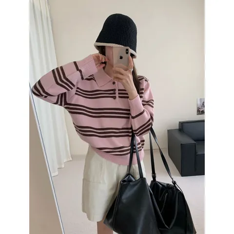 Women Korean Style Contrast Striped Polo Neck Knitted Sweater Loose Long Sleeve Pullover Knit Top Casual Autumn Winter