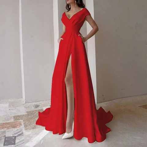 Elegante Vestido Maxi de Mujer con Cuello en V sin Mangas Abertura Alta Volantes Vestido de Noche Fiesta Banquete Formal Poliéster