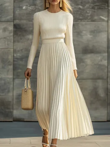 Women's Elegant Long Sleeve Knit Pleated Maxi Dress Solid Color High Waist Satin Finish Patchwork Dress For Casual Office
