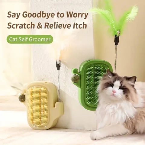 Cactus Shape Cat Self Groomer Wall Mounted Corner Massage Brush With Spring Feather Teaser Stick And Rotating Catnip Ball Interactive Toy