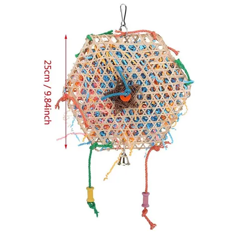 Natural Bamboo Parrot Foraging Toy Hanging Bird Cage Accessories With Colorful Shredded Paper Cotton Rope And Bell For Birds