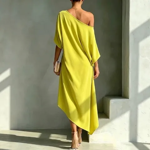 Elegant One Shoulder Asymmetric Midi Dress For Women Minimalist Solid Color Pleated Sleeveless Party Dress