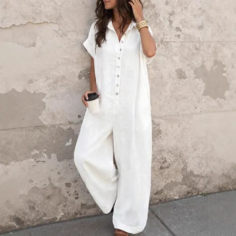 Women's Summer Casual Jumpsuit Short Sleeve Shirt Collar Button Down Wide Leg Loose Long Pants One Piece Polyester Outfit