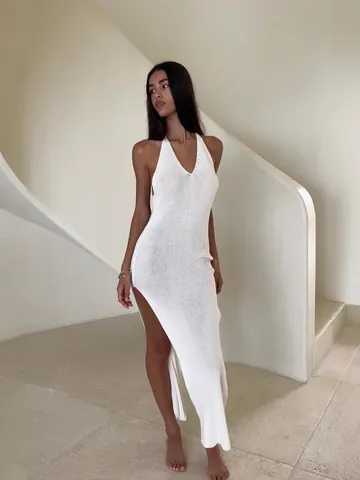 Women Sexy Halter Knitted Maxi Dress Open Back Side Split Slim Fit Spaghetti Strap Sleeveless Beach Resort Long Dress