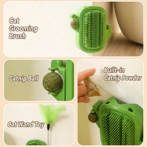 Cactus Shape Cat Self Groomer Wall Mounted Corner Massage Brush With Spring Feather Teaser Stick And Rotating Catnip Ball Interactive Toy