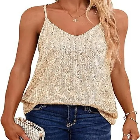 Women Elegant Sequin V-Neck Camisole Sleeveless Loose Polyester Sequin Top Party Casual Shimmering Tank Top For Party Women Clothing