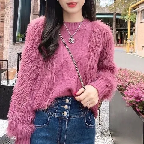 Women's Korean Lazy Style Cable Knit Sweater Faux Mink Fur Thick Warm Fluffy Pullover Top For Autumn Winter Casual Jumper