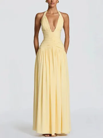 Women Halter Deep V Neck Maxi Dress Ruched Backless High Slit Slim Fit Sexy Party Dress Solid Color Sleeveless Long Dress