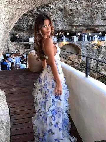 Blumenmuster Chiffon Maxi Kleid Für Damen Schulterfrei V-Ausschnitt Gestuft Rüschen Rückenfrei Abendparty Kleid Urlaubskleid