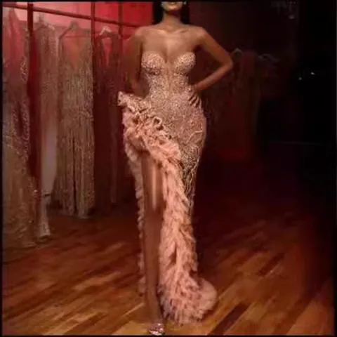 Women Sexy Rose Gold Sequin Tube Top Maxi Dress Sparkly Lace High Slit Evening Gown Ruffle Hem Banquet Party Bodycon Dress