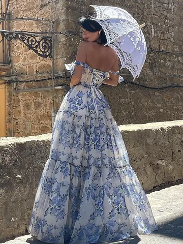 Women Off-Shoulder Organza Floral Evening Dress Backless Corset Layered Maxi Wedding Party Fairy Gown