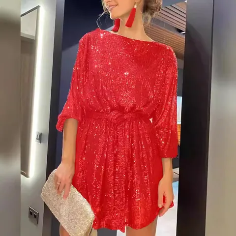 Sequin Mini Dress Long Sleeve Round Neck Party Dress Elegant Sparkly Cocktail Evening Gown For Women Slim Fit Belted Shine Dress