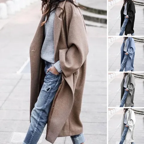 Women Long Wool Coat Lapel Solid Color Warm Oversized Woolen Outerwear Casual Long Sleeve Trench Coat For Autumn Winter