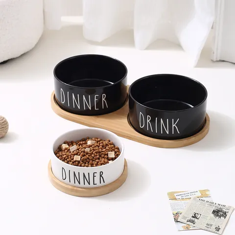 Ciotola per Animali in Ceramica Minimalista Con Vassoio in Legno di Bambù Anti Ribaltamento Ciotola per Cibo e Acqua per Gatti e Cani