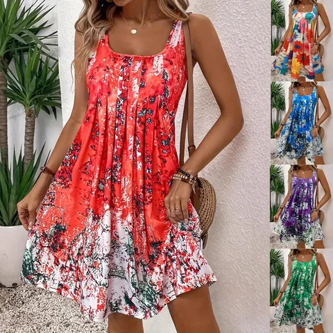 Damen Sommer Polyester Rundhals Mini Kleid Abstrakt Bedruckt Ärmellos A-Linie Lässig Urlaub Strand Fließendes Sonnenkleid