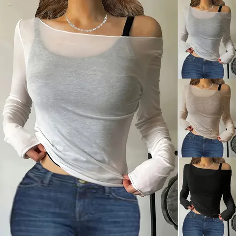 Damen Sexy Ein Schulter Langarm Polyester Netz Kittel Top Einfarbig Lässig Offene Schulter T-Shirt Clubwear Bluse