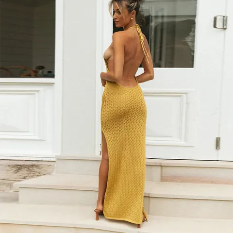 Sexy Halter Backless Knitted Hollow Out Maxi Dress For Women Summer Sleeveless High Slit Solid Color Acrylic Beach Dress