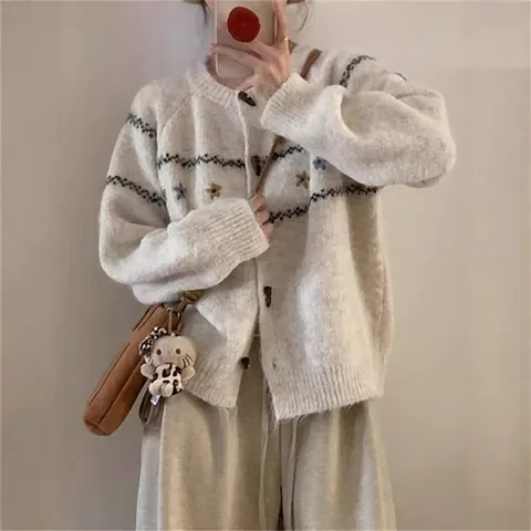 Cárdigan de Punto para Mujer Cuello Redondo Botones de Cuerno Mori Girl Bordado Floral Suéter Holgado Manga Larga Otoño Invierno