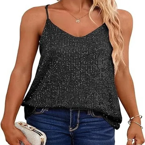 Women Elegant Sequin V-Neck Camisole Sleeveless Loose Polyester Sequin Top Party Casual Shimmering Tank Top For Party Women Clothing