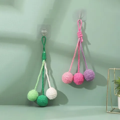 Hanging Cotton Rope Sisal Ball Cat Toy Durable Woven Pet Scratching Interaction Toy With Sounding Stone For Kittens Indoor