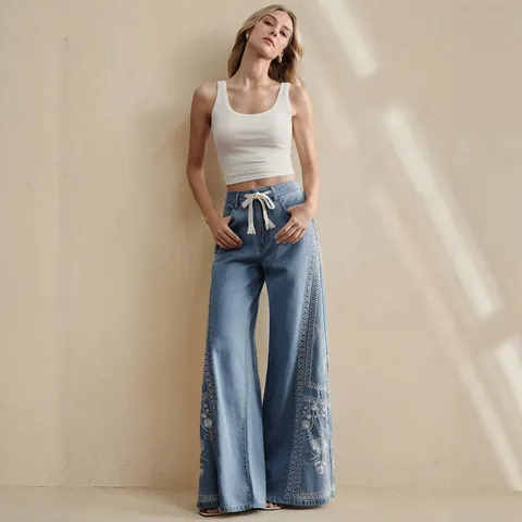 Bohemian Floral Embroidered Wide Leg Jeans Women High Waist Drawstring Loose Drape Denim Pants Elegant Blue Long Trousers