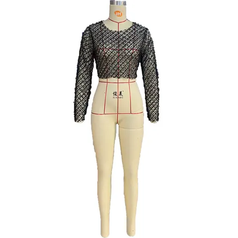 Women Sexy Mesh Sheer Beaded Long Sleeve Crop Top Polyester Artificial Pearl Rhinestone Grid Round Neck Party Clubwear Blouse