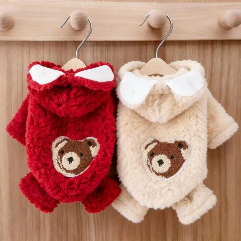 Cute Bear Embroidered Winter Pet Clothes Hooded Dog Hoodie Warm Fleece Jumpsuit For Small Dogs Cats Puppy Pet Supplies