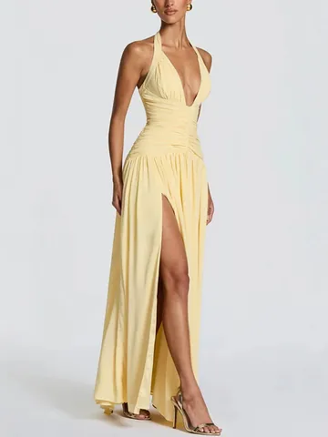 Women Halter Deep V Neck Maxi Dress Ruched Backless High Slit Slim Fit Sexy Party Dress Solid Color Sleeveless Long Dress