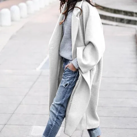 Women Long Wool Coat Lapel Solid Color Warm Oversized Woolen Outerwear Casual Long Sleeve Trench Coat For Autumn Winter