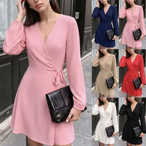 Women V-Neck Wrap Dress Long Puff Sleeve Tie Waist Party Banquet Mini Dress