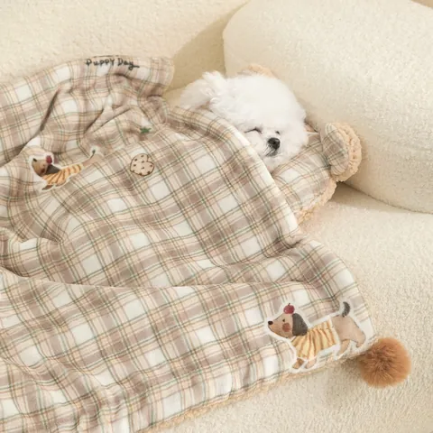 Soft Plaid Pet Blanket and U-Shaped Pillow Set Warm Sherpa Fleece Dog Mat For Puppy Cats Small Dogs Winter Sleeping Quilt