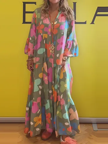 Women Loose Floral Printed V-Neck Maxi Dress Long Sleeve Large Swing Summer Vacation Bohemian Style Long Dress