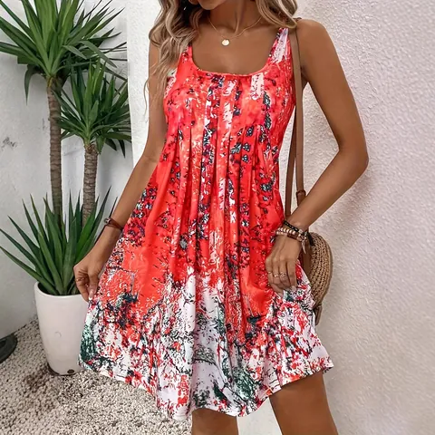 Damen Sommer Polyester Rundhals Mini Kleid Abstrakt Bedruckt Ärmellos A-Linie Lässig Urlaub Strand Fließendes Sonnenkleid