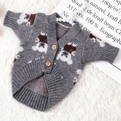 Pet Dog Cat Autumn Winter Knitted Cardigan Sweater Cute Bear Pattern Warm Soft Grey Small Dogs Clothing