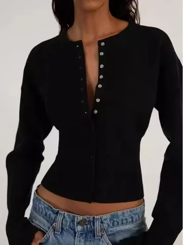 Damen Kurz Strickjacke Pullover Slim Fit Acryl Langarm Geknöpft Top Streetwear Mode Cropped Strickwaren