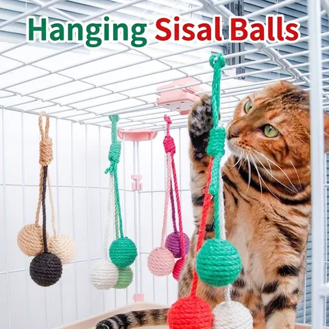 Hanging Cotton Rope Sisal Ball Cat Toy Durable Woven Pet Scratching Interaction Toy With Sounding Stone For Kittens Indoor