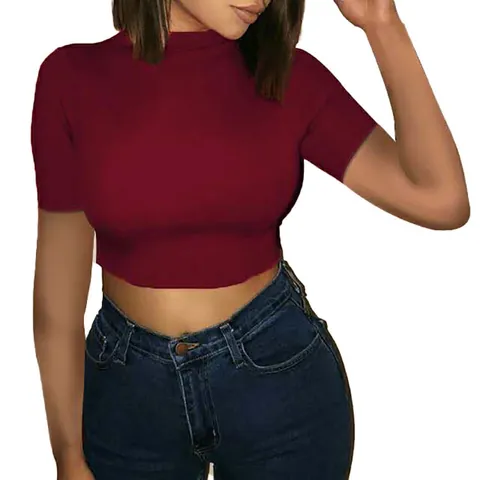Women Cropped T-Shirt Sexy Slim Fit Round Neck Solid Color Polyester Cotton Blend Short Sleeve Long Sleeve Y2K Top