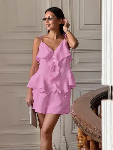 Dames Katoen Cami Top En Shorts Set Ruffle Knoop Zomer Vakantie Tweedelig Shorts Set Effen Kleur Strand Mouwloze Outfit