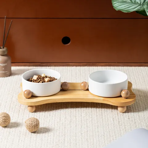 Ciotola per Animali in Ceramica Opaca Nordica con Supporto in Rovere a Sfere Rialzato Protezione del Collo Anti-Ribaltamento per Gatti Cani