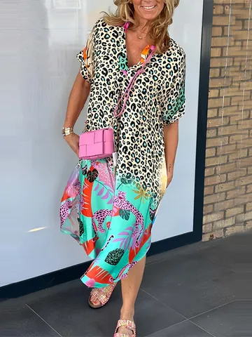 Women Fashion V Neck Printed Loose Maxi Dress Short Sleeve Leopard Tropical Plant Pattern Summer Vacation Casual Dress For Women