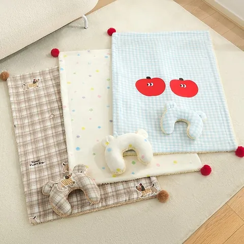 Soft Plaid Pet Blanket and U-Shaped Pillow Set Warm Sherpa Fleece Dog Mat For Puppy Cats Small Dogs Winter Sleeping Quilt