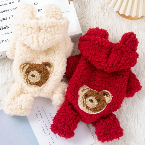 Cute Bear Embroidered Winter Pet Clothes Hooded Dog Hoodie Warm Fleece Jumpsuit For Small Dogs Cats Puppy Pet Supplies