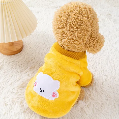 Cute Cartoon Bear Applique Pet Fleece Sweatshirt Warm Soft Coral Velvet Thick Dog Cat Winter Clothes Ribbed Cuffs Apparel