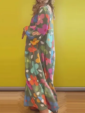 Women Loose Floral Printed V-Neck Maxi Dress Long Sleeve Large Swing Summer Vacation Bohemian Style Long Dress