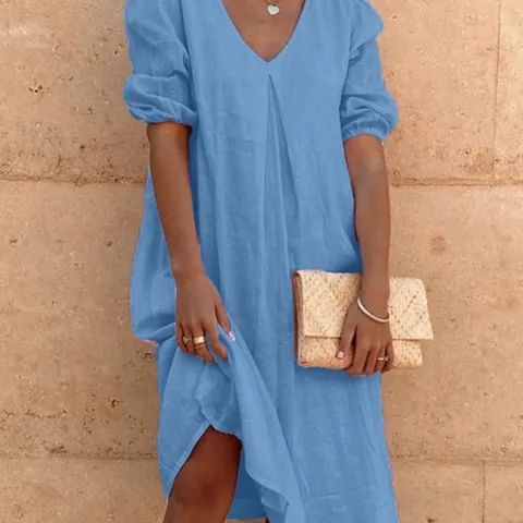 Women's Casual Cotton V-Neck Midi Dress Loose Solid Color Puff Short Sleeve Ruched Summer Beach Vacation Elegant Dresses