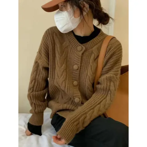 Women's Vintage Cable Knit Cardigan Sweater Crew Neck Loose Long Sleeve Knitted Top Button Down Solid Color Cashmere Top