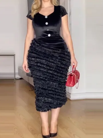 Elegant Women Black V Neck Short Sleeve Midi Dress Sexy Ruffled Bodycon Party Celebrity Evening Dress Summer Clothing